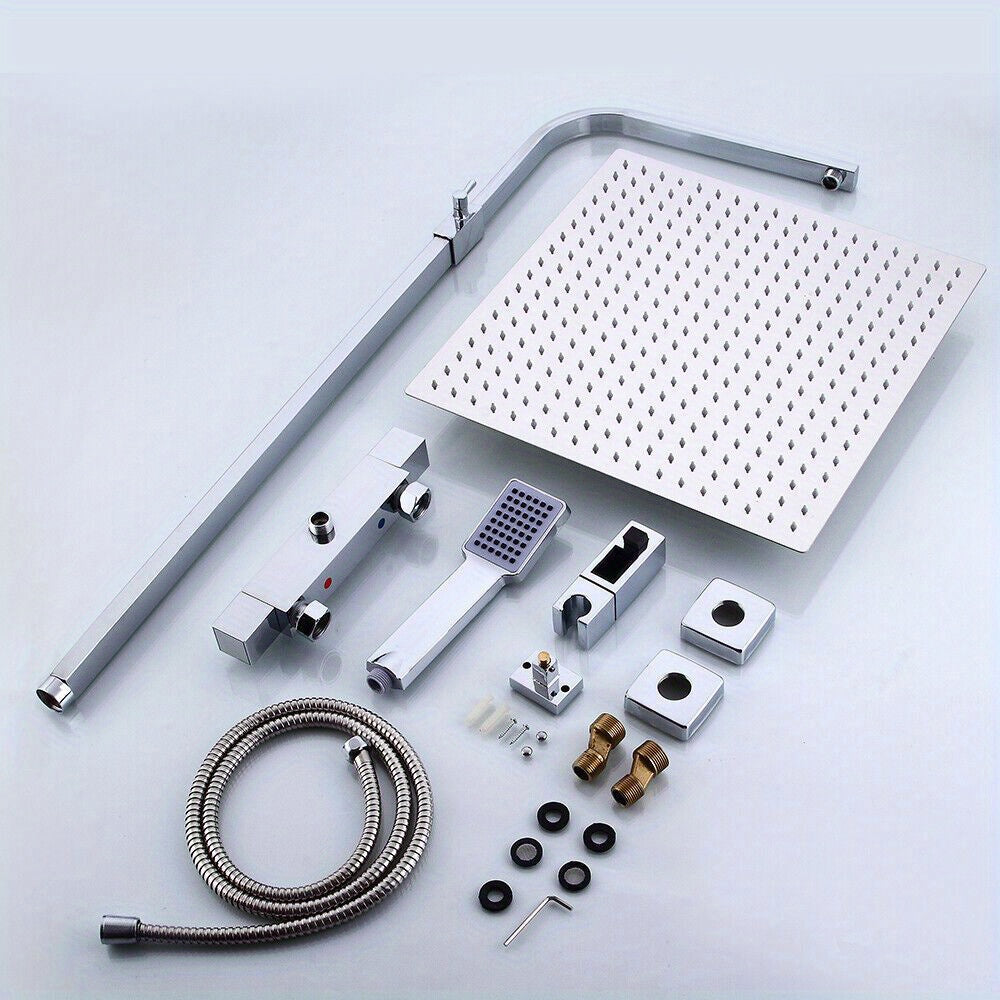 Thermostatische Regendouche – Doucheset – Handdouche – Douchekop – Douchekraan – 40x40 cm Regendouchekop – Thermostatische Temperatuur 38°C – Roestvrij Staal Chroom