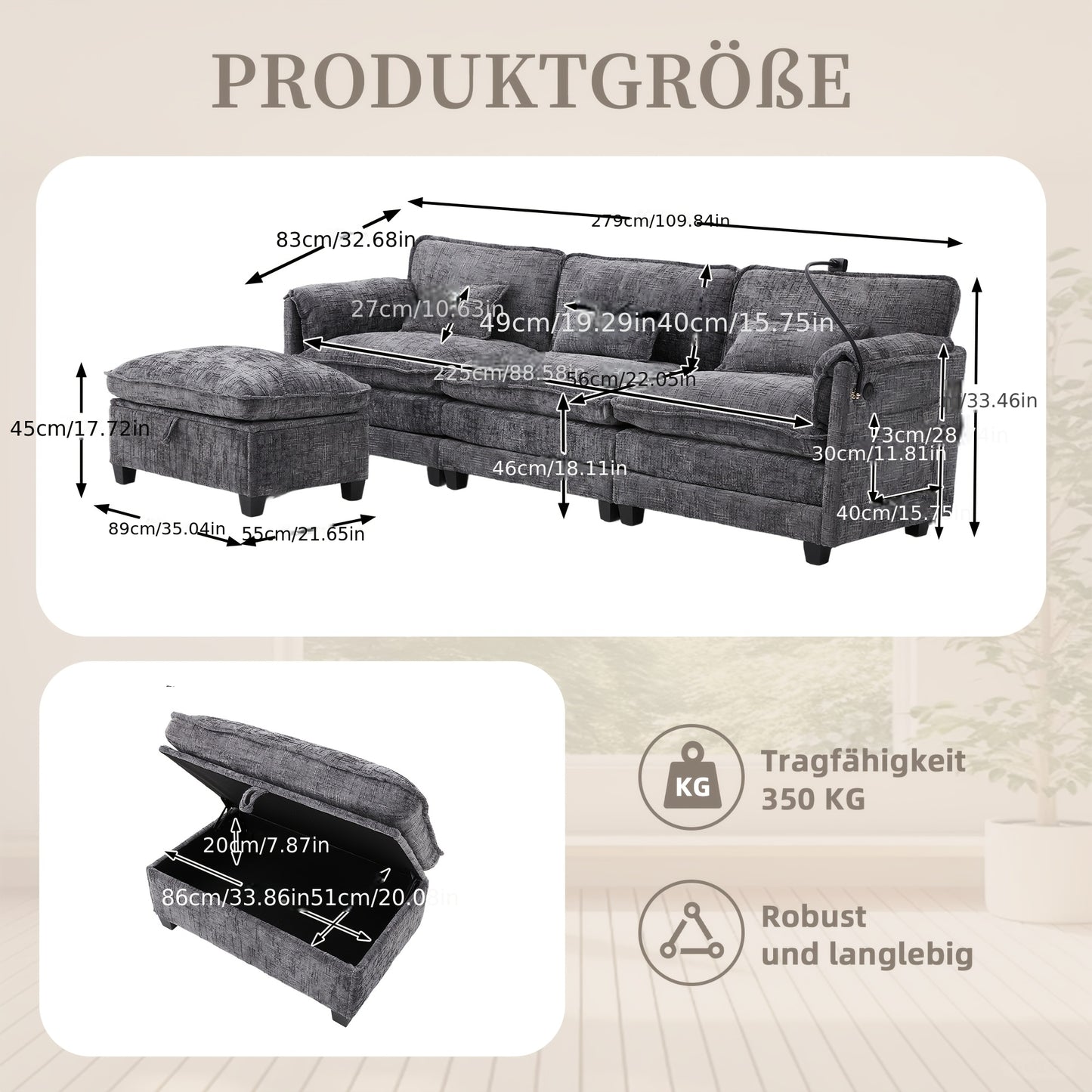 Tweezitsbank – 2-Zitsbank – Loveseat – Bankstel – Moderne Grijze Sofa – Zijvakken Voor Opbergruimte – Afneembare Ottoman – Duurzaam Bambushout