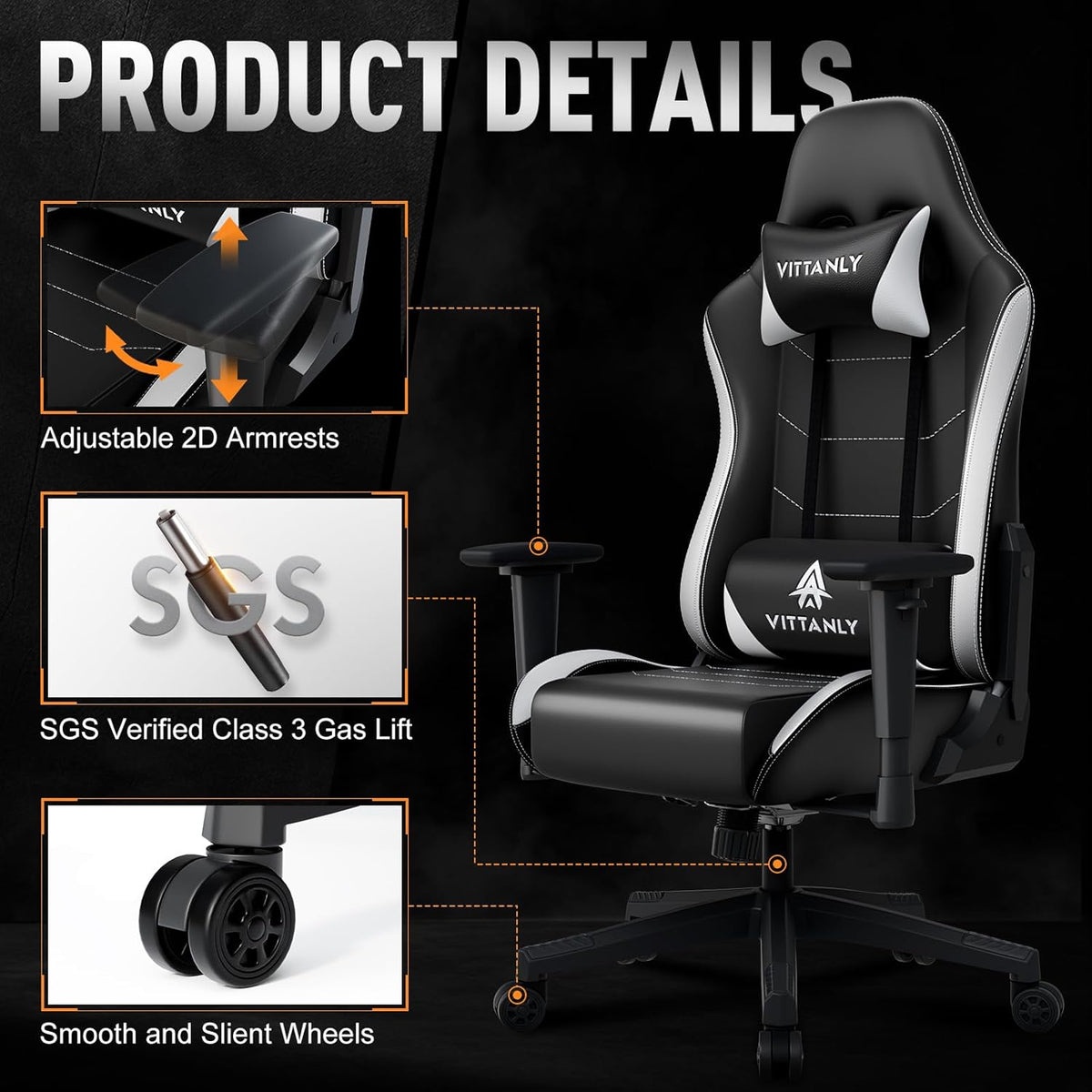 Gamingstoel – Ergonomische Stoel – Gamerstoel – Bureaustoel – Draaistoel – In Hoogte Verstelbaar – Rugleuning 90°-135° – Geschikt Tot 150 Kg – Wit