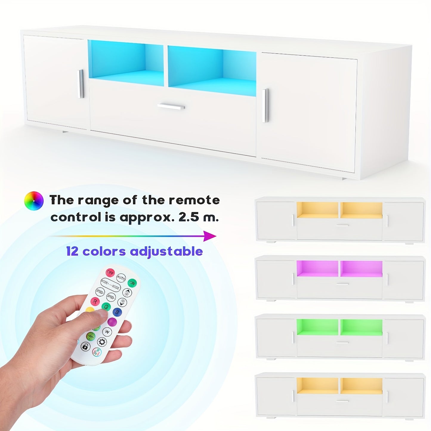 63-Inch TV Cabinet with Tempered Glass Shelf And Multi-Color Lighting, Fits Up to 70-Inch TVs