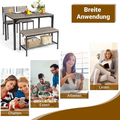 4-delige Eettafelset – Eettafel Met Stoelen – Bank Met Opbergruimte – Industriële Eetkamer Set – Grijs – Ruimtebesparend Ontwerp – Stevig Metalen Frame