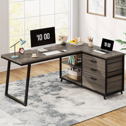 Hoekbureau – L-vormig Bureau – Computerbureau – Bureau Bureau – Thuiswerkbureau – 3 Laden – Reversibel Ontwerp – Industrieel Grijs – 135x100 cm