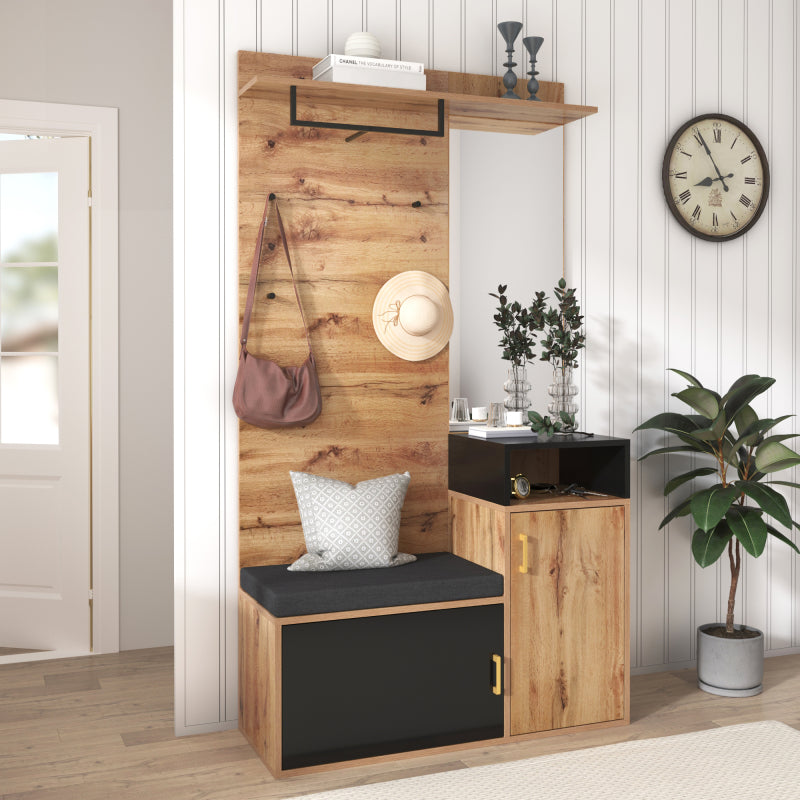 Wandgarderobe – Halmeubel – Schoenenkast – Kapstok – Opbergkast – Zwart MDF Met Houtaccenten – Spiegel – Schoenenbank – Ruimtebesparend Design – 191,5x105x40 cm
