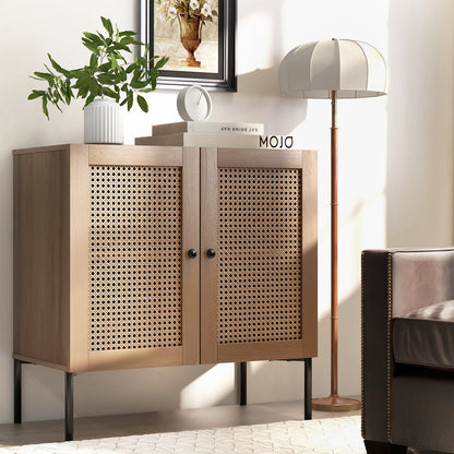 Dressoirkast Industrieel – Sideboard – Kast – Opbergkast – Buffetkast – Rattan Deuren – Verstelbare Plank – 80x40x80 cm – Met Metaal, PVC Rattan en MDF Eikenlook