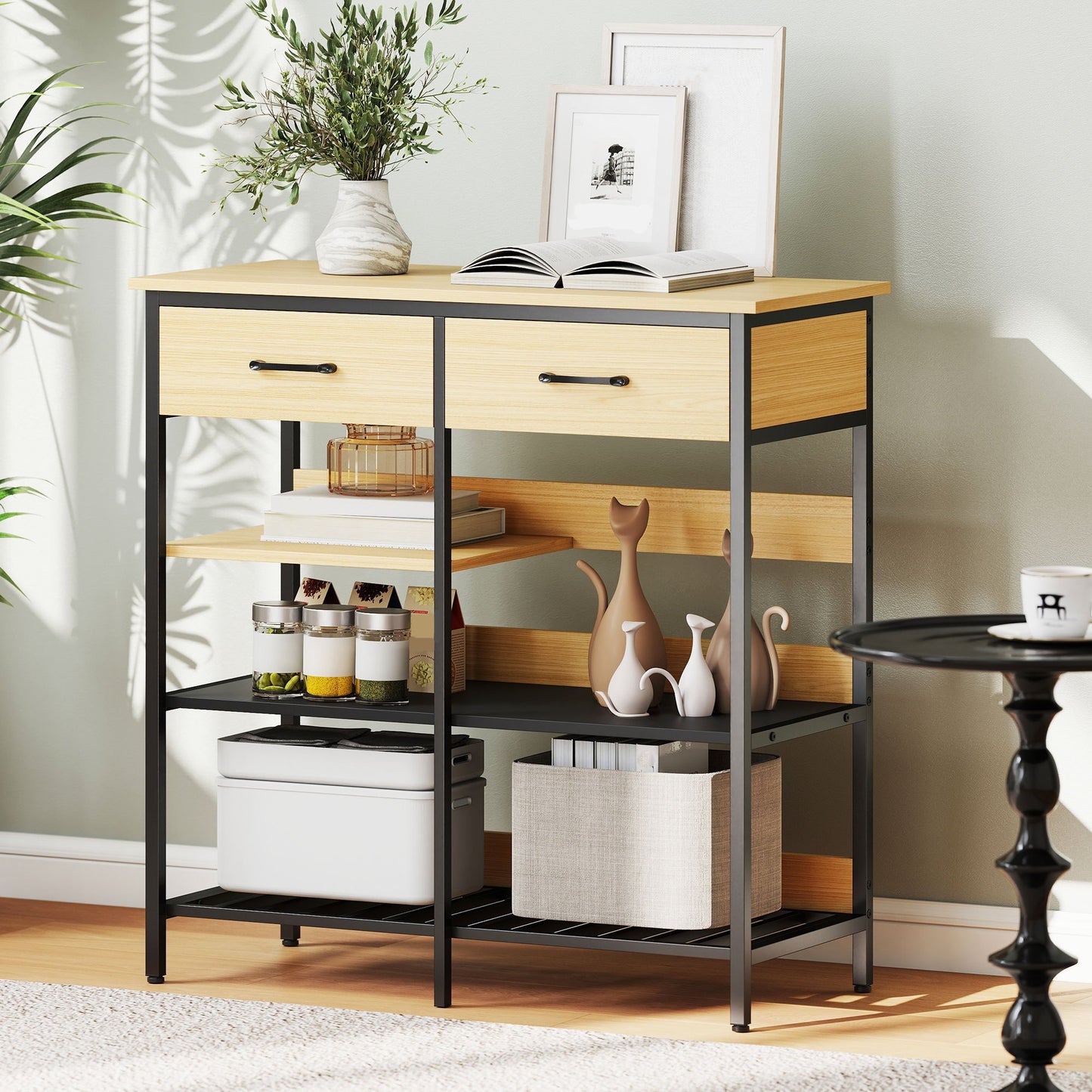 Dressoir – Sideboard – Kast – Buffet – Opbergkast – Naturel Hout – 2 Lades en 3 Open Vakken – 90x40x91 cm Compact en Stevig
