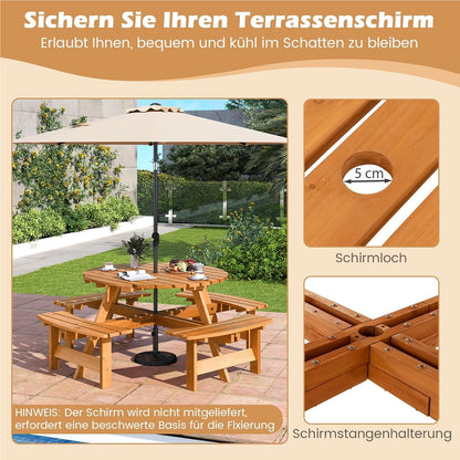 Picknicktafel – Tuintafel – Tuinmeubel – Picknickbank – Buitenmeubel – Rond 110 cm – Massief Grenenhout Met Parasolgat