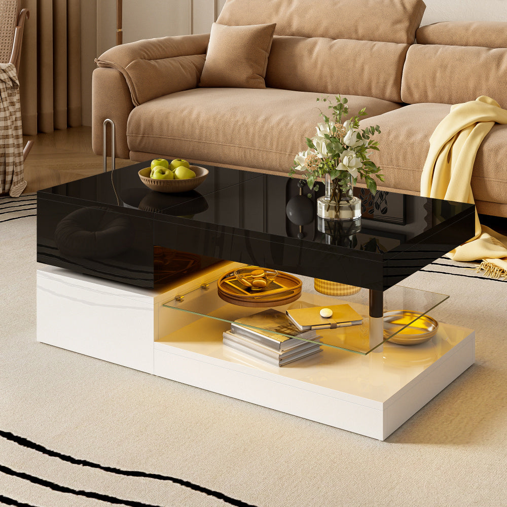 Modern Black & White Glass Top Coffee Table with Glossy Surface & Lower Shelf - Heavy-Duty Non-Wood Construction, Easy Assembly, Minimalist Living Room Center Table for Home Decor, Durable Glass Shelves & Smooth Edges, Space-