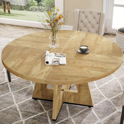 47 Inch Ronde Eettafel – Ronde Tafel – Keukentafel – Eetkamertafel – Tafeltje – Licht Hout – Stevige Pedestal Basis – Ruimtebesparend Ontwerp