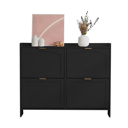 Modern Metal Shoe Cabinet with 4 Flip-Top Doors & Open Shelves - Freestanding Shoe Storage Organizer with Space-Saving Design, Sturdy Construction for Entryway, Hallway, Living Room - Black Shoe Rack with Hidden Storage Compa
