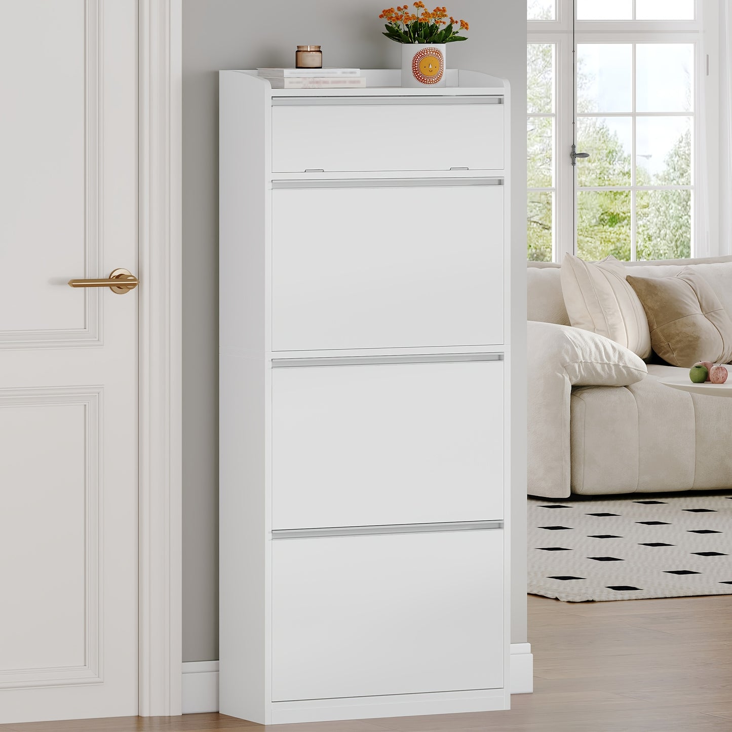 Shoe Cabinet with 3 Drop-down Doors, Shoe Storage Unit, Narrow Shoe Chest with 1 Drop-down Shelf, for 12-18 Pairs Of Shoes, Adjustable Shelves, for Hallways, Entryways, 60 X 24 X 145cm, White - QUORE