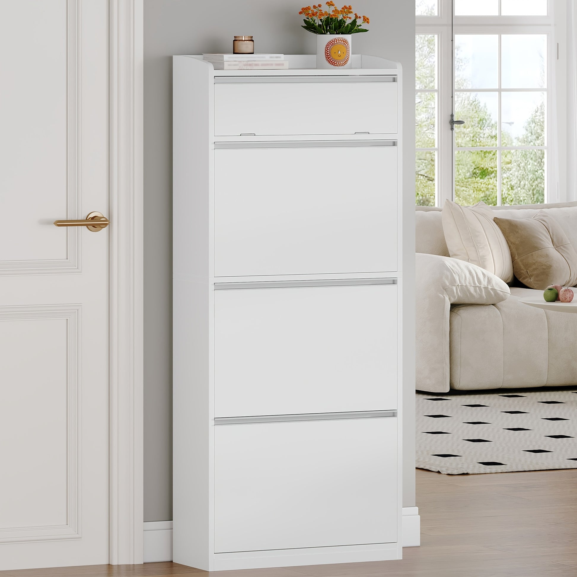 Shoe Cabinet with 3 Drop-down Doors, Shoe Storage Unit, Narrow Shoe Chest with 1 Drop-down Shelf, for 12-18 Pairs Of Shoes, Adjustable Shelves, for Hallways, Entryways, 60 X 24 X 145cm, White - QUORE