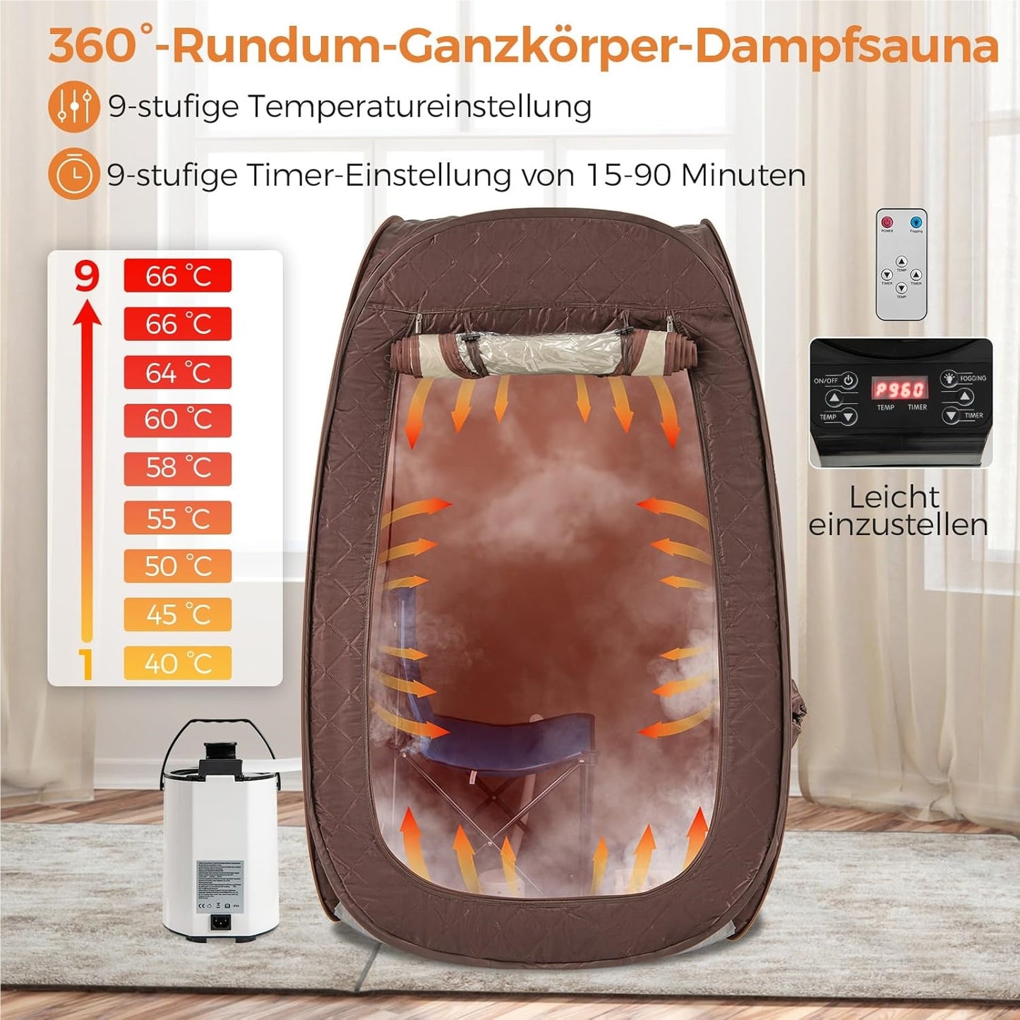 Stoomsauna – Draagbare Sauna – Sauna Tent – Stoomcabine – Mobiele Sauna – 3L Stoomgenerator – Timer & Afstandsbediening – Bruin – 89x89x149 cm