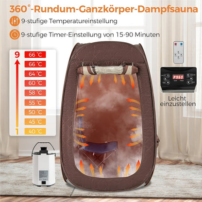Stoomsauna – Draagbare Sauna – Sauna Tent – Stoomcabine – Mobiele Sauna – 3L Stoomgenerator – Timer & Afstandsbediening – Bruin – 89x89x149 cm
