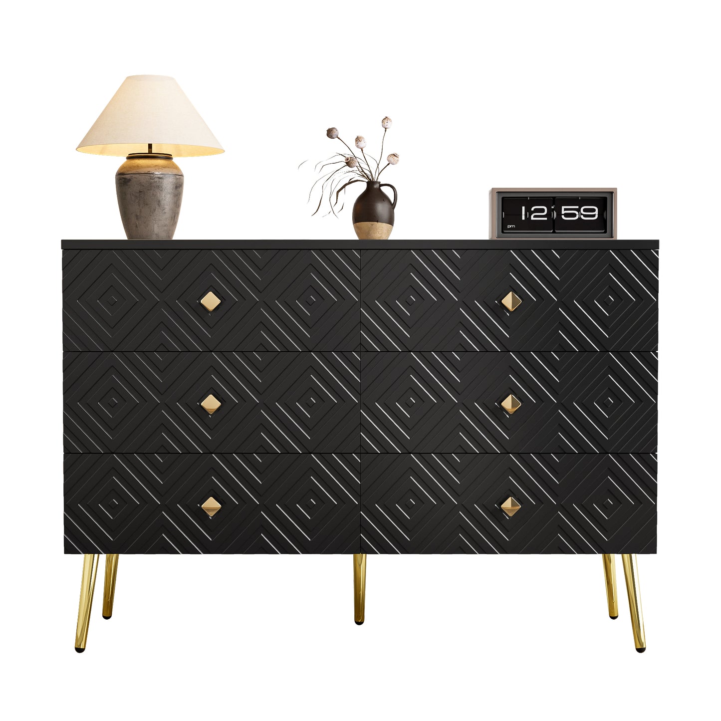 Ladekast – Kommode – Opbergkast – Dressoir – Zwarte Ladekast – 6 Ruime Lades – Gouden Metalen Poten