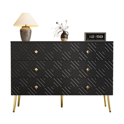 Ladekast – Kommode – Opbergkast – Dressoir – Zwarte Ladekast – 6 Ruime Lades – Gouden Metalen Poten