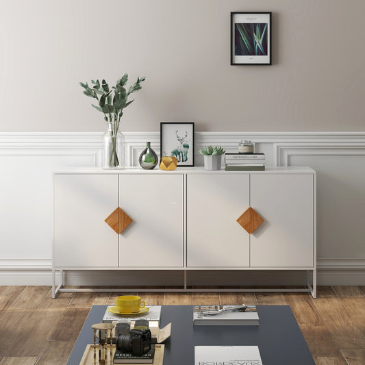 4-Deurs Dressoir – Tv Meubel – Buffetkast – Opbergkast – Wandkast – Modern Design – Hoogwaardig MDF – Ruimtebesparend – Wit Met Bruine Handgrepen