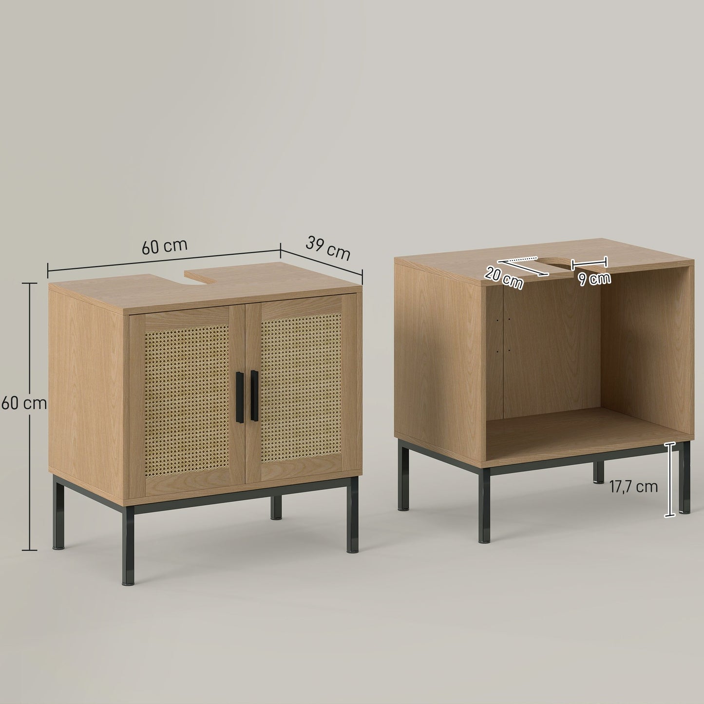 Badkamerkast – Badkamermeubel – Opbergkast – Kolomkast – Wastafelonderkast – Boho Design Met Rattan – U-Vormige Uitsparing – Eikenhoutlook