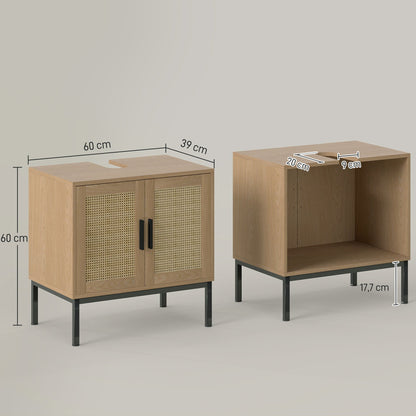 Badkamerkast – Badkamermeubel – Kolomkast – Opbergkast – Wastafelonderkast – Boho Stijl – Eikenhout Met Rattan – U-Vormig Ontwerp