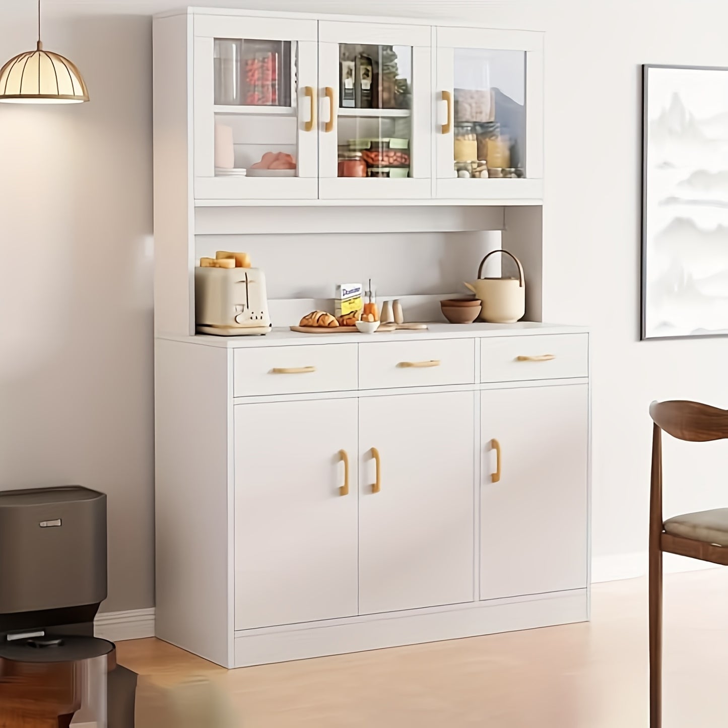 Keukenkast – Keukenbuffet – Opbergkast – Keukenmeubel – Kast Met Glazen Deuren – 170x100x30 cm – Wit – Hout – 6 Kasten – 3 Lades – Duurzaam & Vochtbestendig