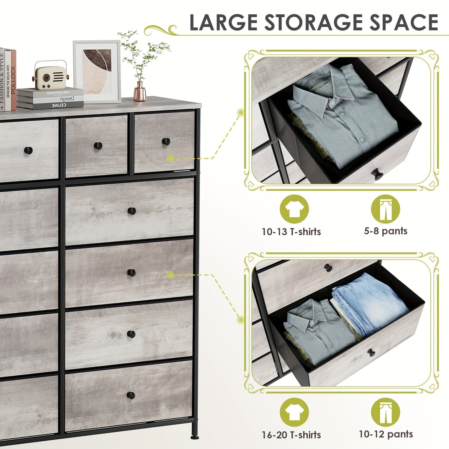 Sideboard – Dressoir – Opbergkast – Kast Met Lades – Meubel Met Stofladen – Grijs – 12 Ruime Stoffen Lades – Stevig Ijzeren Frame