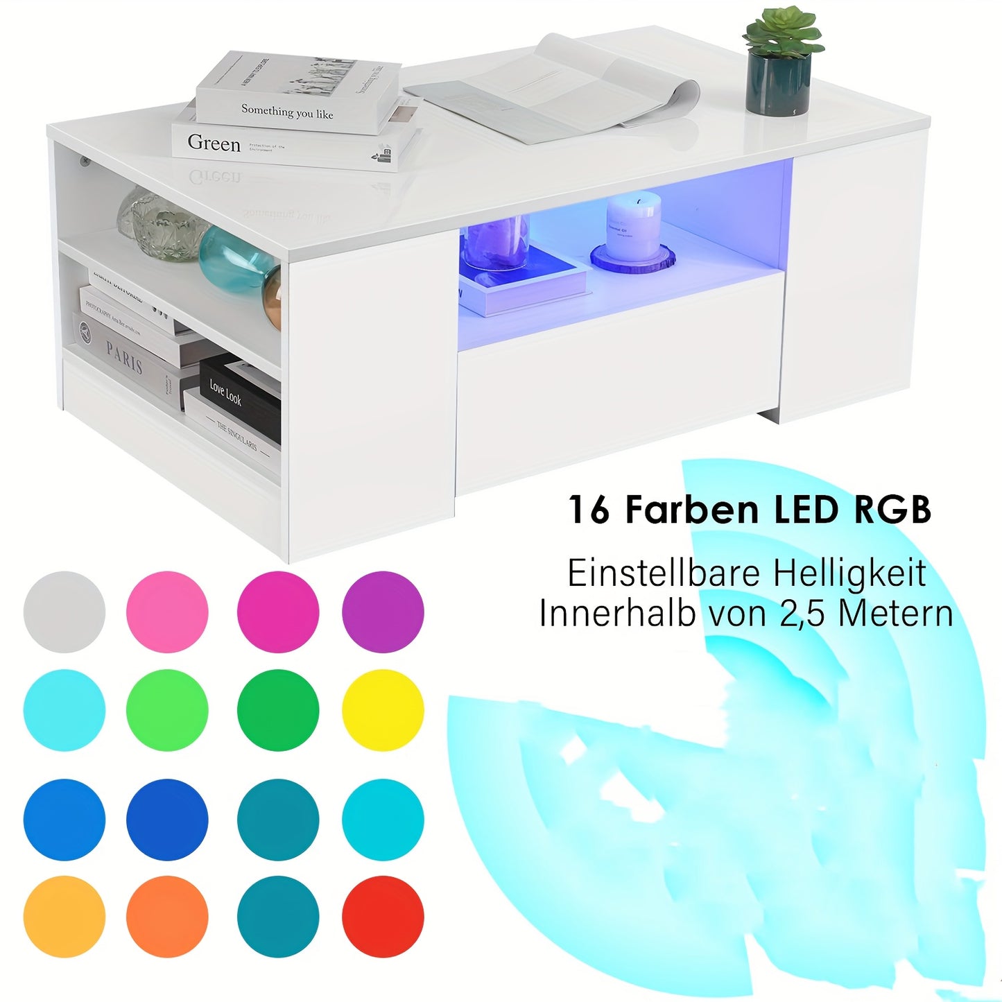 High Gloss Salontafel met Opbergruimte – Wit – RGB LED-verlichting, 2 Laden & Open Plank – Rechthoekige Tafel voor Woonkamer en Kantoor