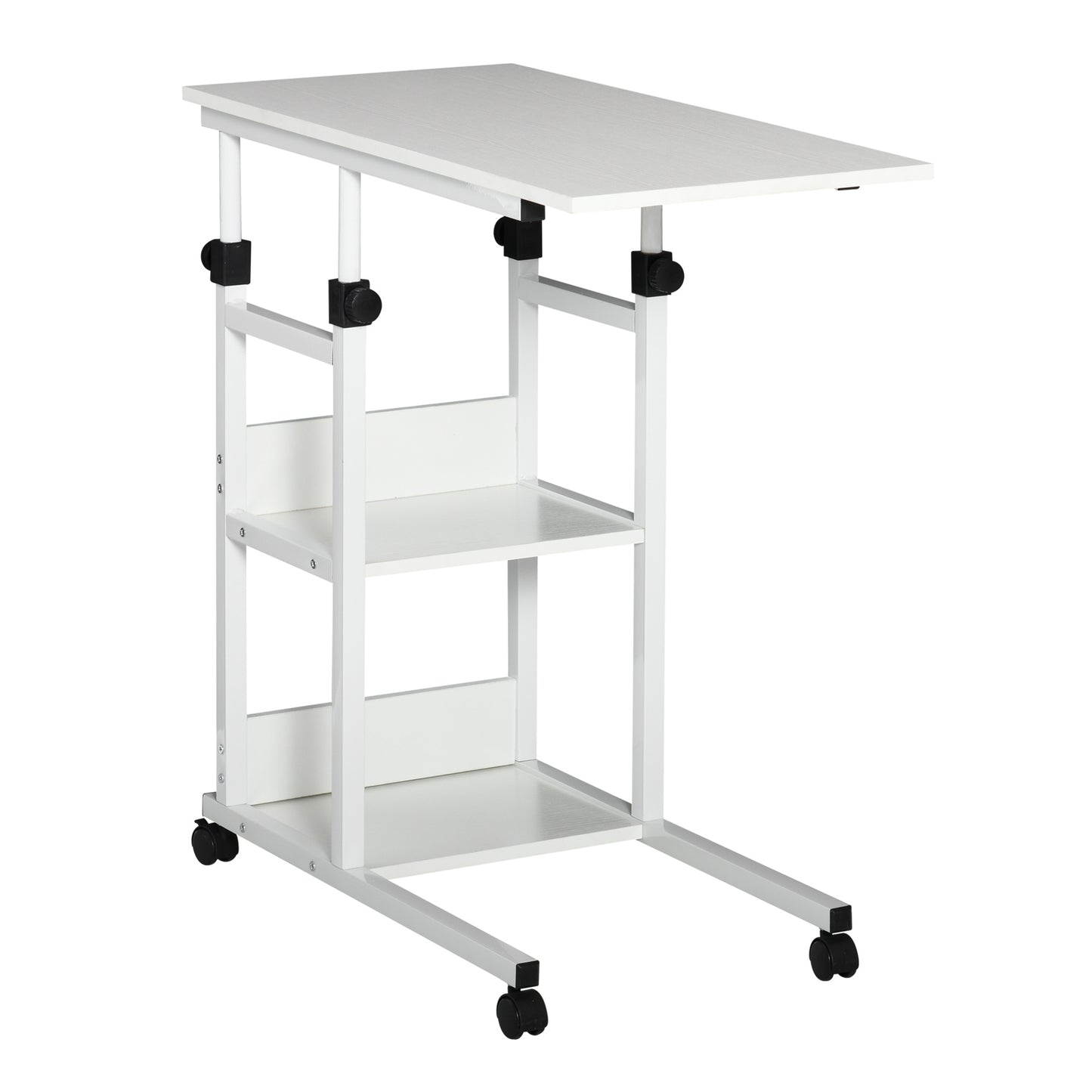 Zijtafeltje – Bijzettafel – Nachtkastje – Serveerwagen – Mobiel Tafeltje – Verstelbare Hoogte 72-82 cm – Metalen Frame Met 2 Opbergrekken