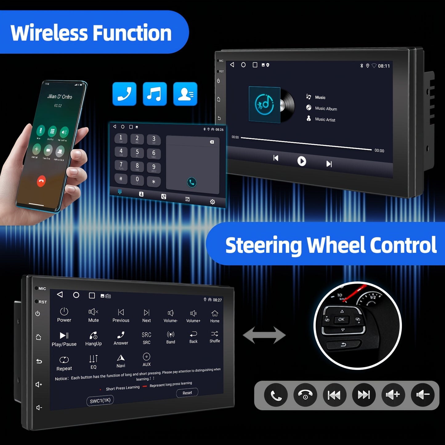 Android Autoradio – Multimedia Systeem – 2 DIN Radio – Auto Headunit – Touchscreen Stereo – 7 inch IPS Scherm – Android 14 Besturingssysteem – Inclusief 12 LED Achteruitrijcamera & Microfoon