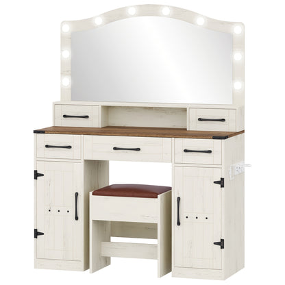 Organize And Store, Dressing Table with Large Mirror And LED Light, Dressing Table with Stool, with Socket And Hairdryer Holder, with 5 Drawers And 2 Doors, Brown And White, Mounted Closet Systems