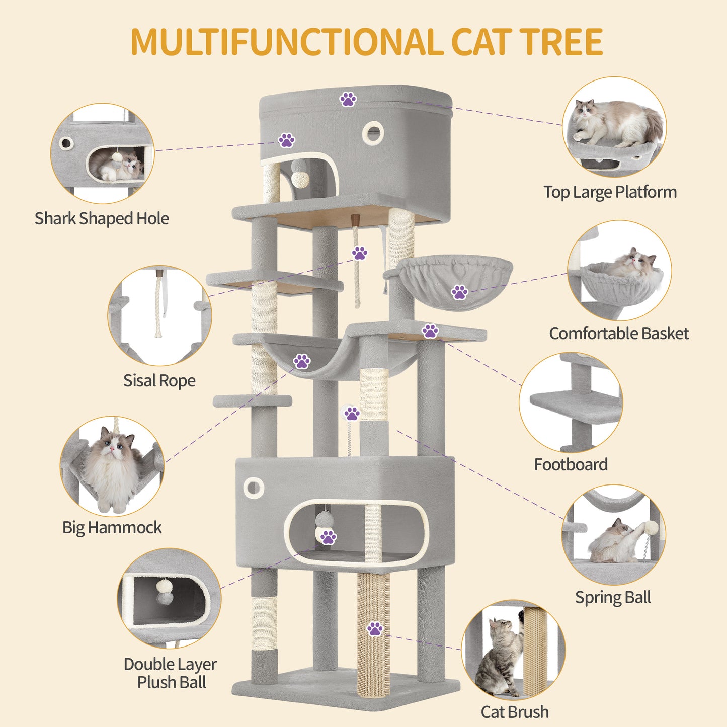 Krabpaal – Kattenboom – Kattenmeubel – Kattenhuis – Krabtoren – 203 cm Hoog – 7 Sisal Krabpalen Met Grote Platforms En Holletjes – Lichtgrijs/Donkergrijs/Beige