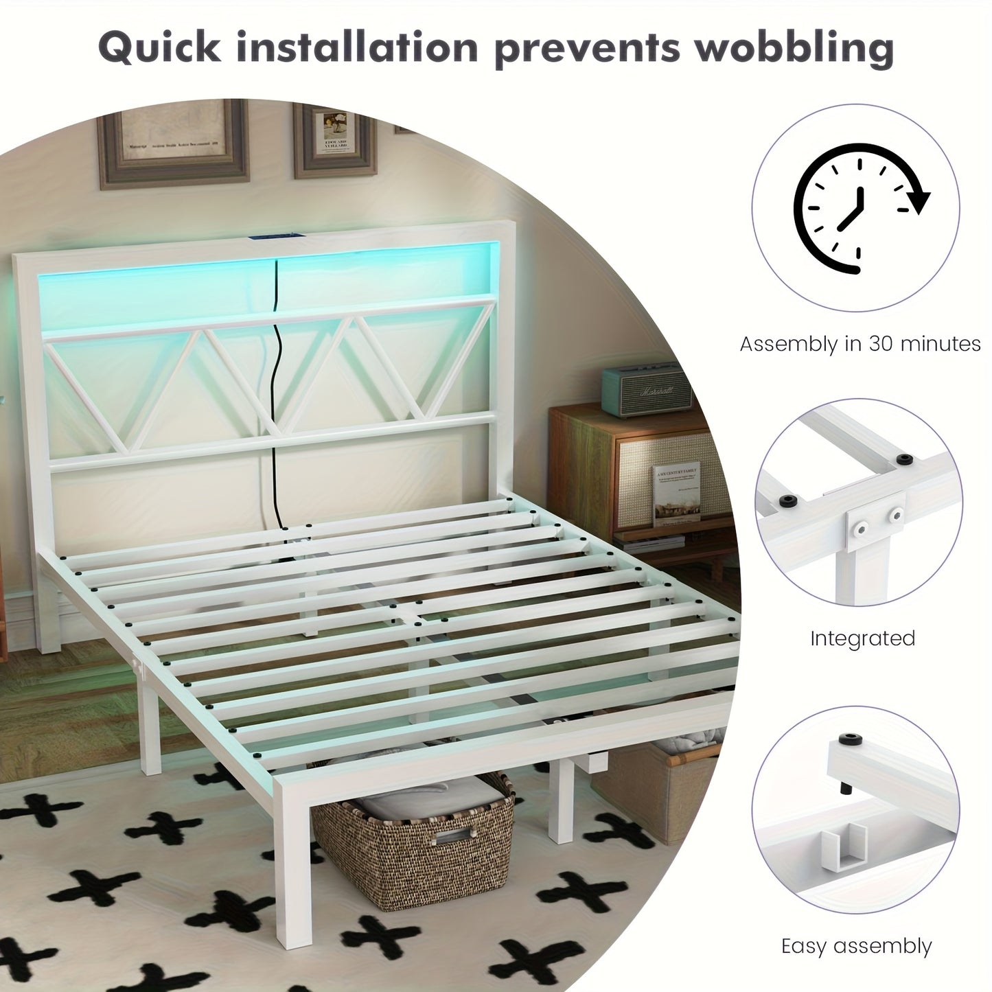 Iron Bed-C088[140X200Cm]White with Bedside Lamp
