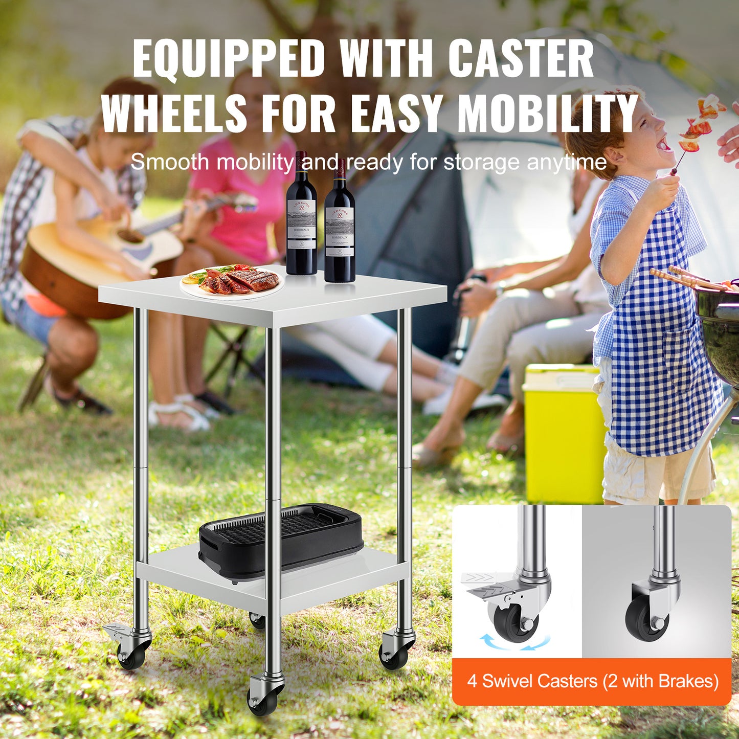 RVS Werktafel – Werkbank – Keukentafel – Inpaktafel – Werkoppervlak – Roestvrij Staal – 60x60 cm – 4 Zwenkwielen Met Rem