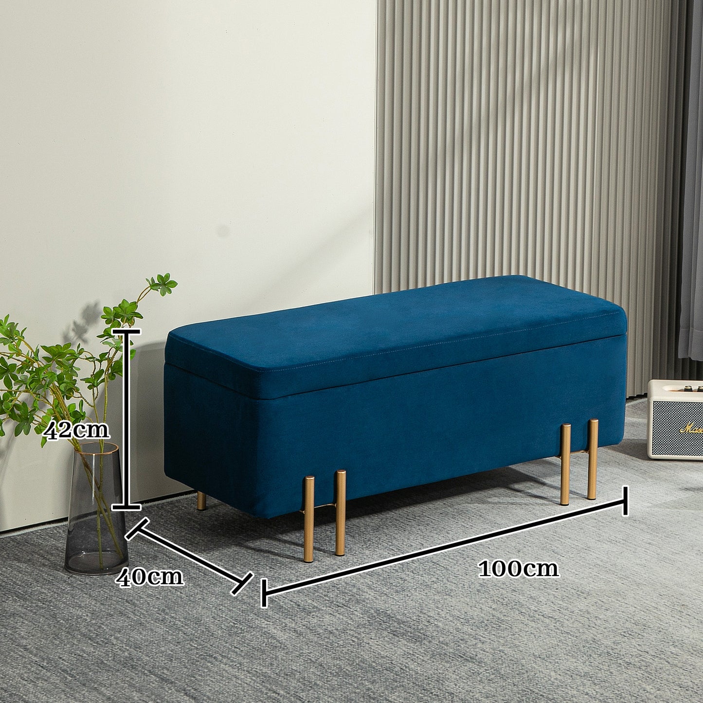 Opbergbank – Zitbank – Opbergkist – Opbergbox – Halbank – Stoffen Bekleding – Opbergruimte 100x40x42 cm – Rubberhout Frame – Metalen Poten