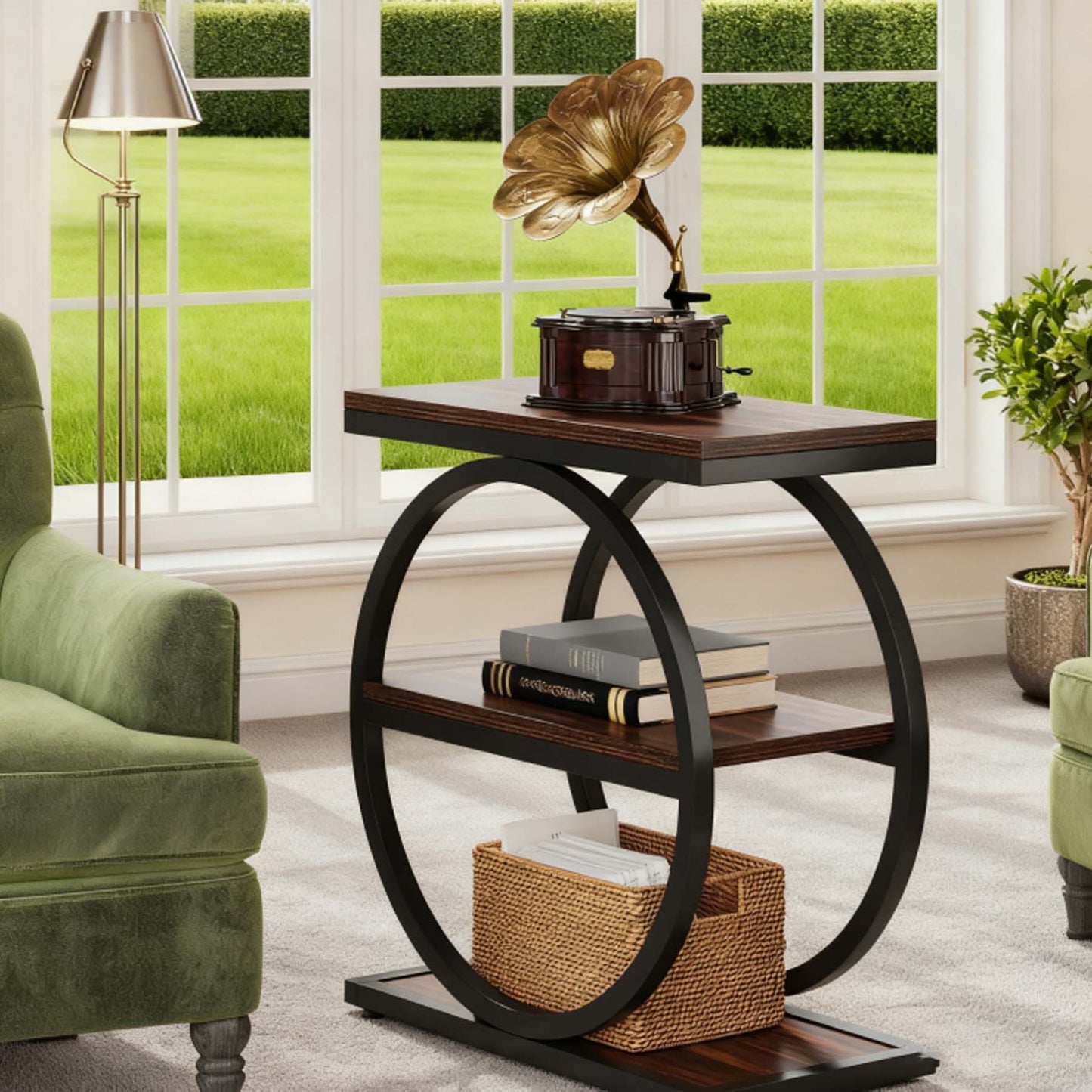 Wood Side Table with Black Metal Frames, Narrow End Table with 3 Storage Shelves, Industrial Small Sofa Side Table for Living Room, Slim Nightstand and Bedside Table for Reception Room, Christmas Holiday Decor, Versatile Acce