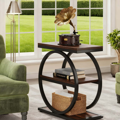 Wood Side Table with Black Metal Frames, Narrow End Table with 3 Storage Shelves, Industrial Small Sofa Side Table for Living Room, Slim Nightstand and Bedside Table for Reception Room, Christmas Holiday Decor, Versatile Acce
