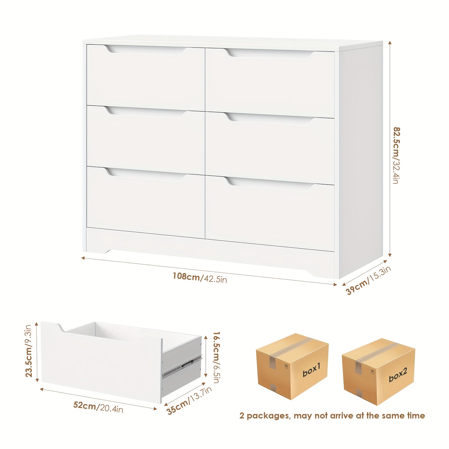 6-Drawer Kealive Tall Dresser | Modern White Chest of Drawers, Storage Cabinet for Living Room, Bedroom, Hallway, Made of Hardwood and Particle Board, 108 x 82.5 x 39 cm