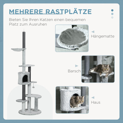 Krabpaal – Kattenboom – Klimpaal – Speelpaal – Hangmat – Grijs – Verstelbare Hoogte 225-255 cm – Stevige Plafondsteun