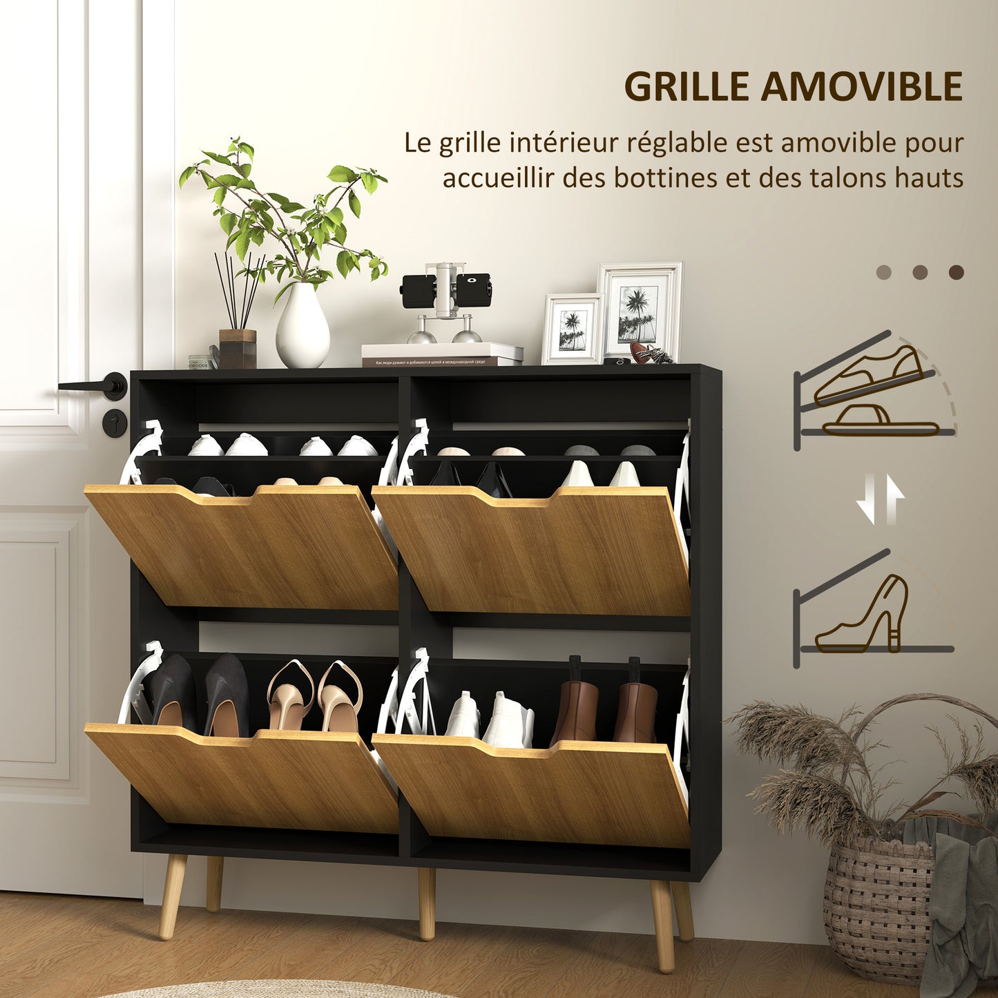 Schoenenkast – Schoenenrek – Schoenenopberger – Halmeubel – 4 Deuren – 16 Paar Schoenen – Verstelbare Planken – Zwart MDF Met Houten Poten