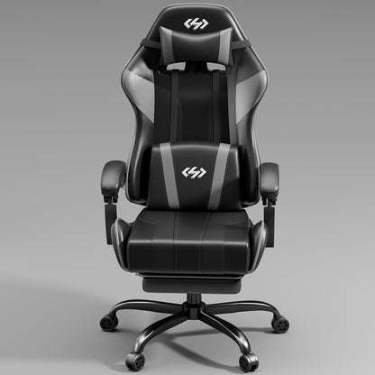 Gamingstoel – Bureaustoel – Computertoel – Werkstoel – Zwarte Grijs Variant – Verstelbare Rugleuning & Voetensteun – Memory Foam Lendensteun