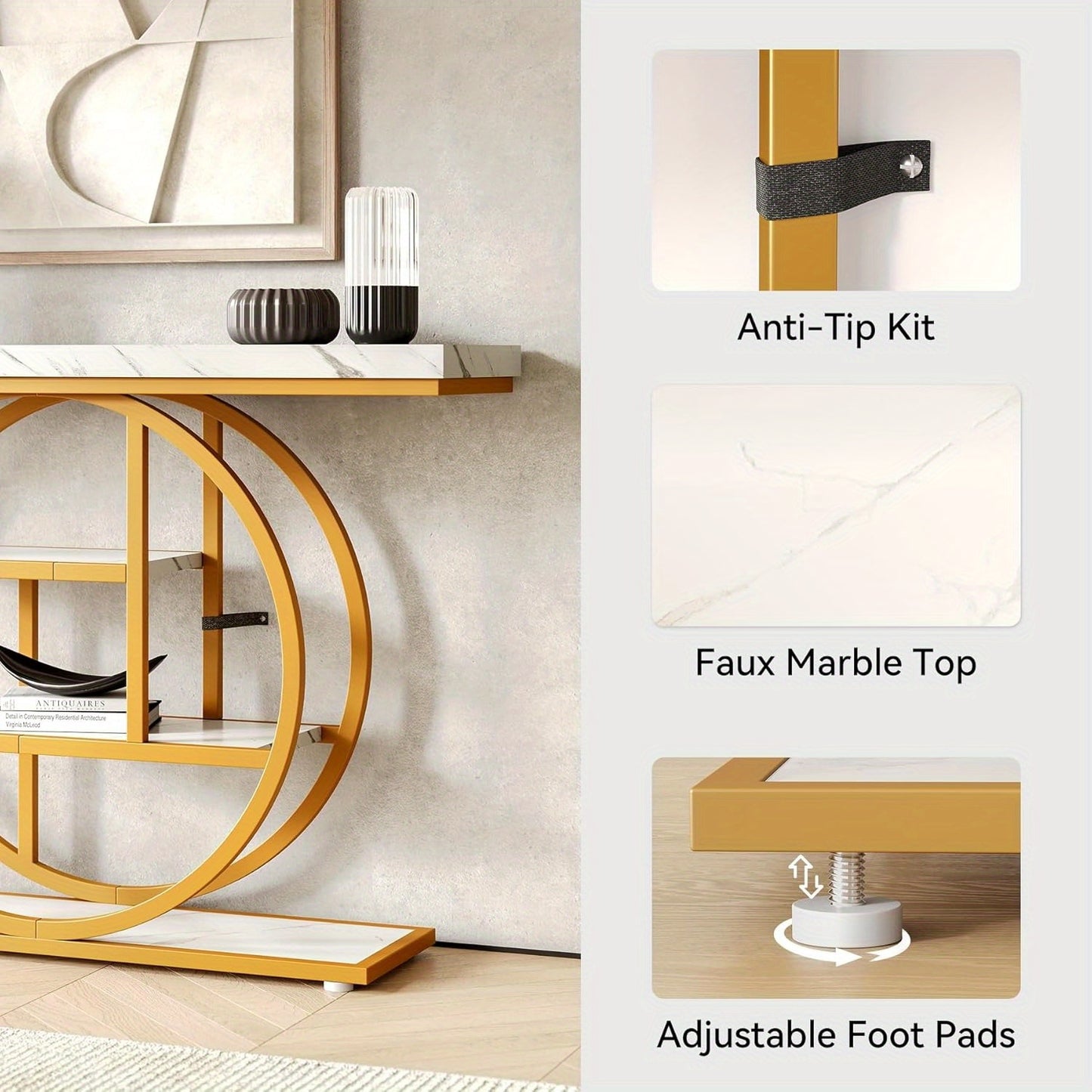 Moderne Sidetable – Console Tafel – Halmeubel – Sofa Tafel – Opbergmeubel – Wit en Gouden Afwerking – 4 Lagen – Stevige Houten Constructie
