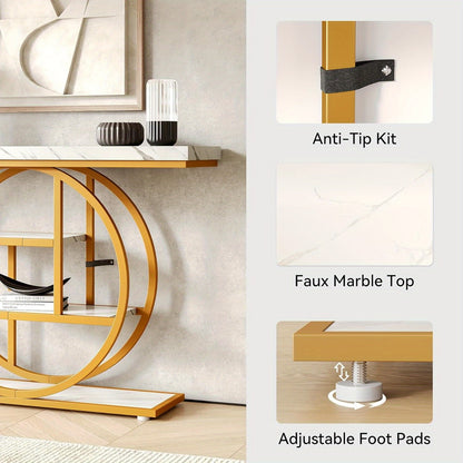 Moderne Sidetable – Console Tafel – Halmeubel – Sofa Tafel – Opbergmeubel – Wit en Gouden Afwerking – 4 Lagen – Stevige Houten Constructie