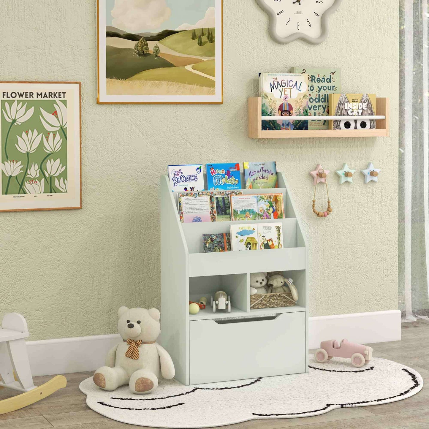 Boekenkast – Boekenrek – Opbergkast – Kastenmeubel – Kinderkast – Lichtgroen – MDF Materiaal – Multifunctionele Indeling met Lade op Wieltjes