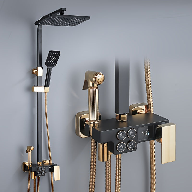 Shower System in Black with a Handheld Shower Head, Bathtub Spout, Wall-Mounted Four-Function Set, And Digital Display System.