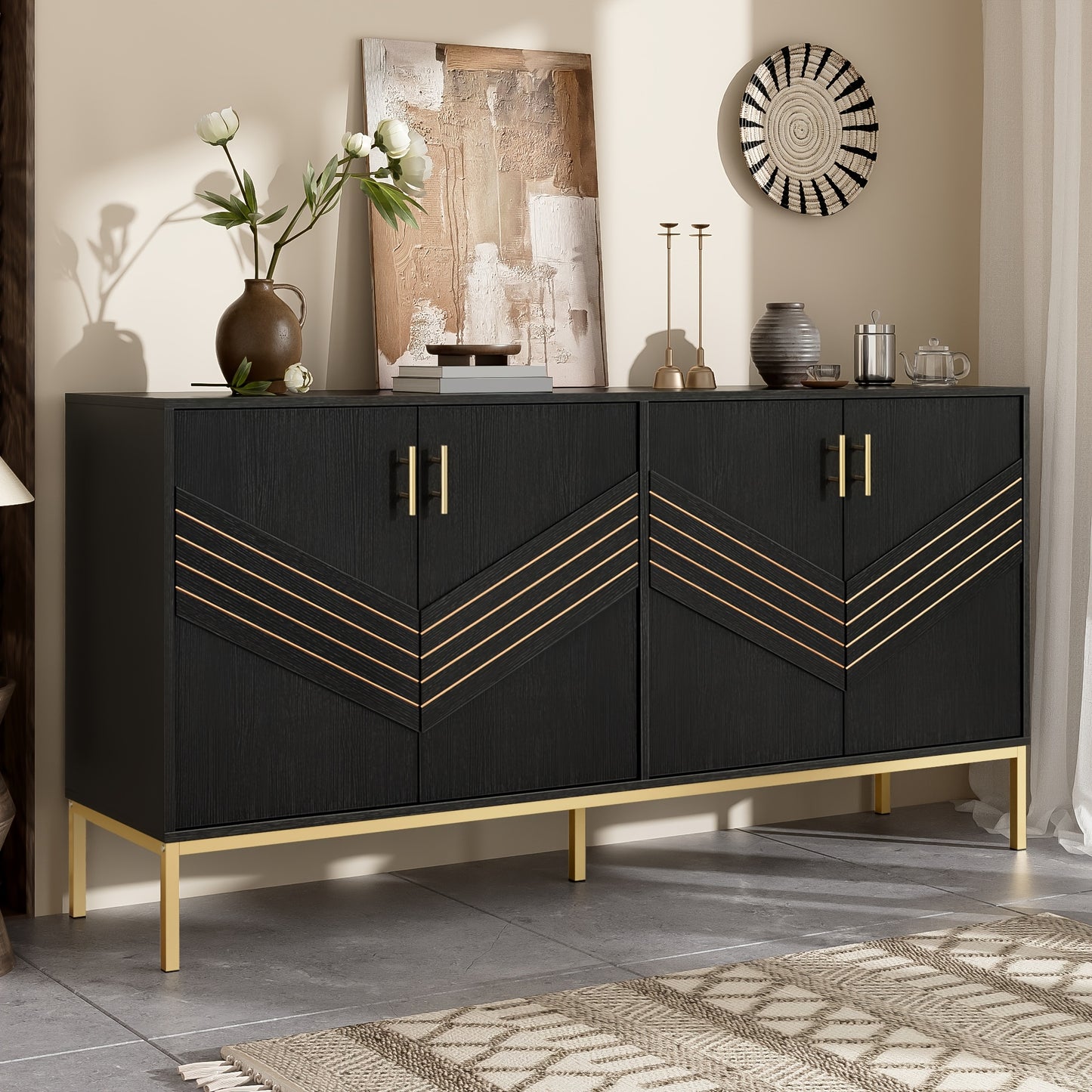 Dressoir – Sideboard – Buffetkast – Opbergkast – Kast – Modern Zwart & Goud – MDF Metalen Poten – 4 Deuren Met Verstelbare Legplanken