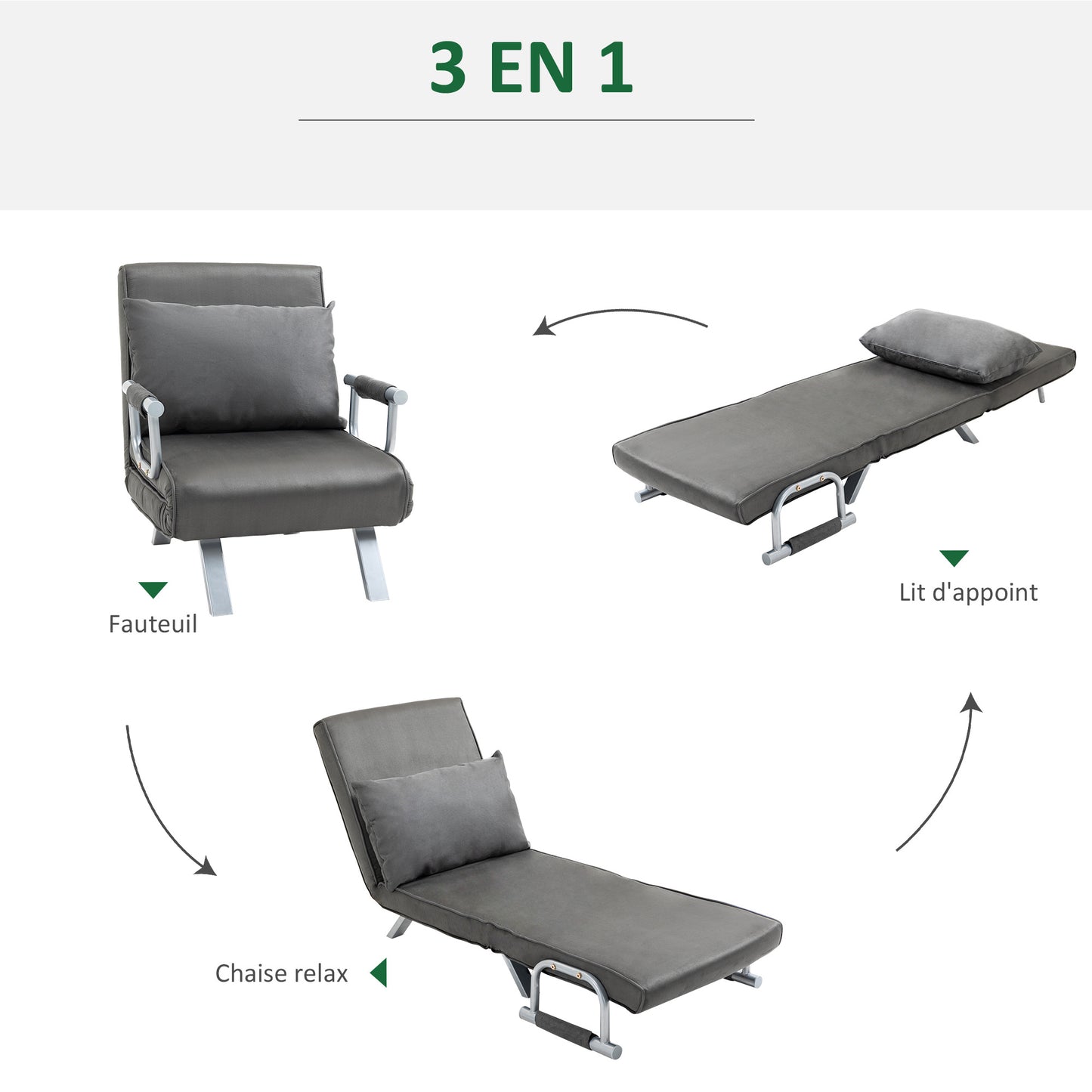 Slofstoel – Fauteuil – Relaxstoel – Zetel – Bedstoel – Verstelbare Rugleuning 5 Posities – Afneembare Wasbare Suède Bekleding – Metaal Frame – Grijs