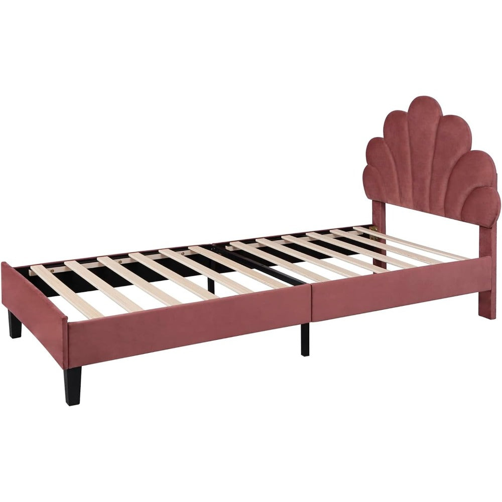 Gestoffeerd Bed – Eenpersoonsbed – Slaapbank – Houten Bedframe – Bed 90x200 Cm – Fluwelen Bloemblad Hoofdeinde – Stevige MDF Constructie – Comfortabele Velvet Bekleding Roze