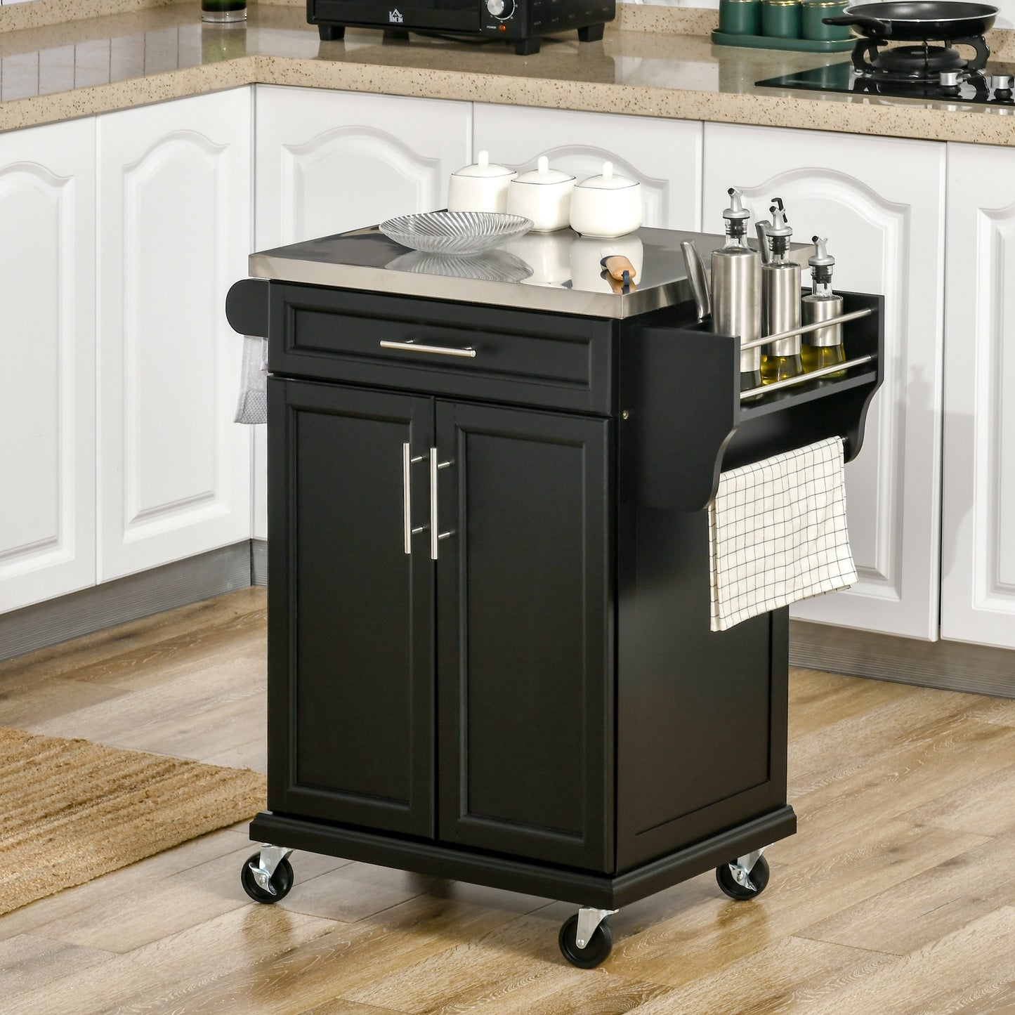 Keukentrolley – Serveerwagen – Keukenkast – Opbergtrolley – Werktafel – RVS Werkblad – Zwart Hout – 2-Deurs Kast – Zwenkwielen Met Rem
