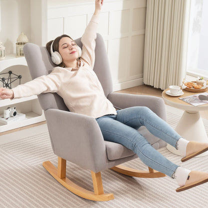 Schommelstoel – Relaxstoel – Fauteuil – Schommel-fauteuil – Loungestoel – Cordstof Bekleding – Rubberhouten Frame – Hoog Rugleuning – Zacht Schuim
