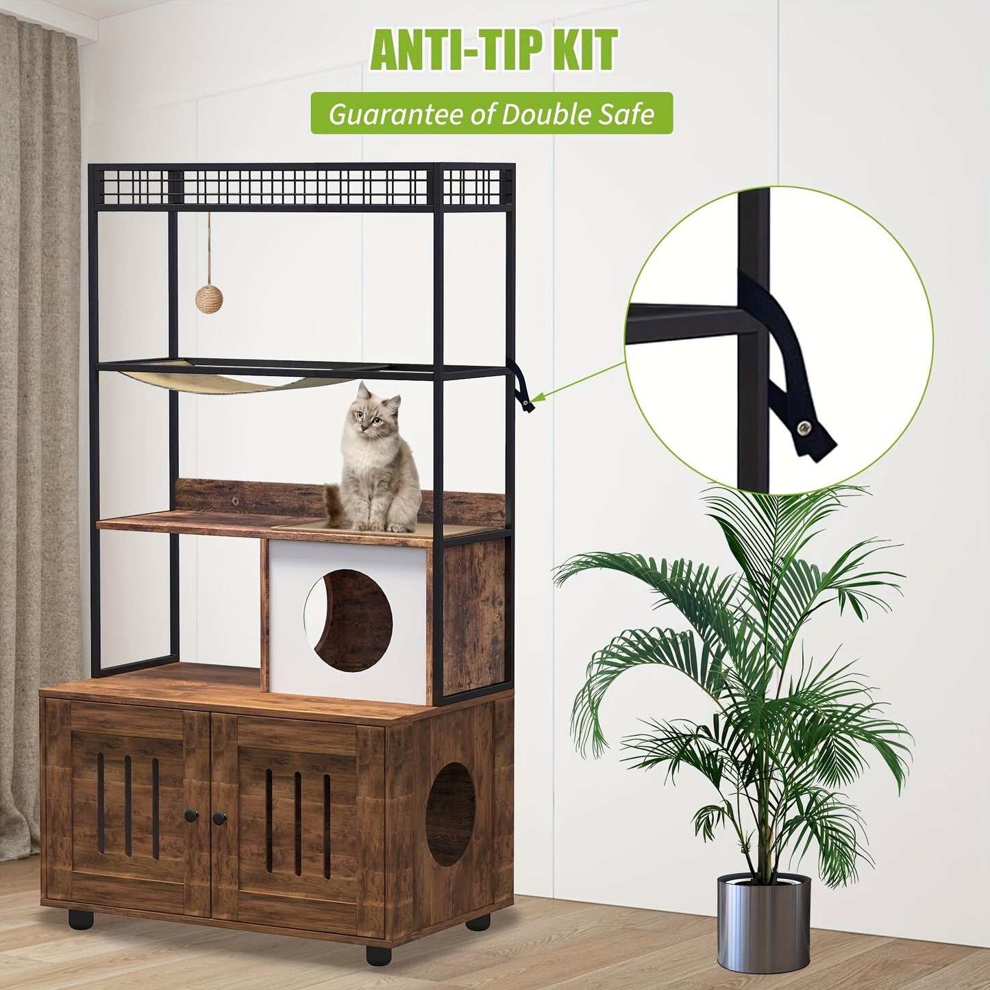 Kattenmeubel – Kattenbakmeubel – Kattenhuis – Kattencondo – Kattenkast – Massief Hout & Metaal – Verborgen Kattenbak & Opbergruimte – Bruin Retro
