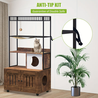 Kattenmeubel – Kattenbakmeubel – Kattenhuis – Kattencondo – Kattenkast – Massief Hout & Metaal – Verborgen Kattenbak & Opbergruimte – Bruin Retro