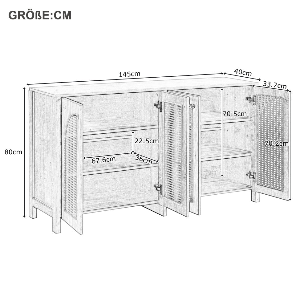 Modern Minimalist Sideboard Cabinet - White & Metallic Accents, Non-Wood Freestanding Storage with 4 Rattan Doors, Spacious 3.2+ Cu Ft Capacity for Living Room, Dining Room, Kitchen - Easy Assembly Required, Home Organization